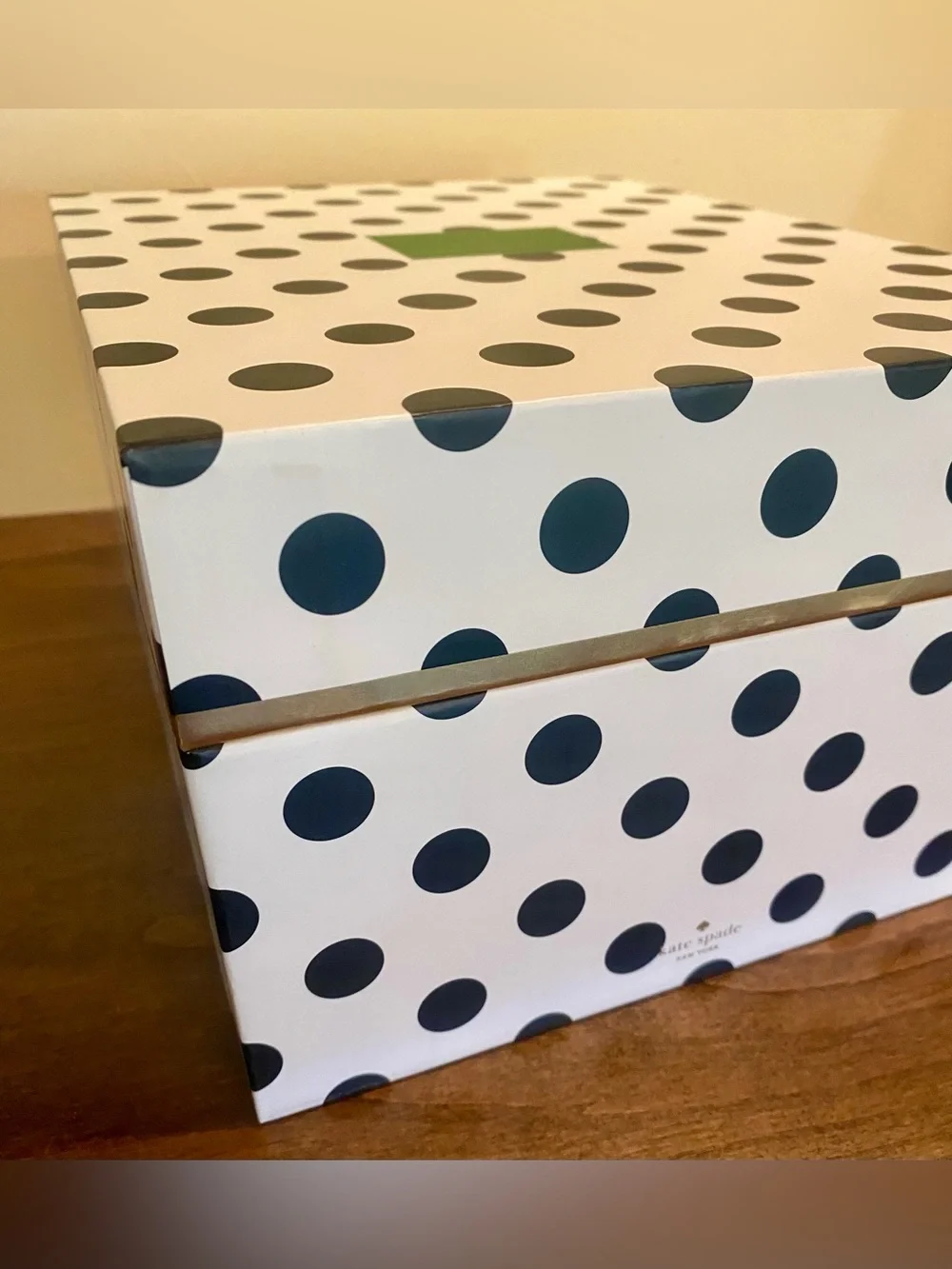 Kate Spade Black & White Polka Dot Nesting Storage Box, Gold Trim, Floral Inside